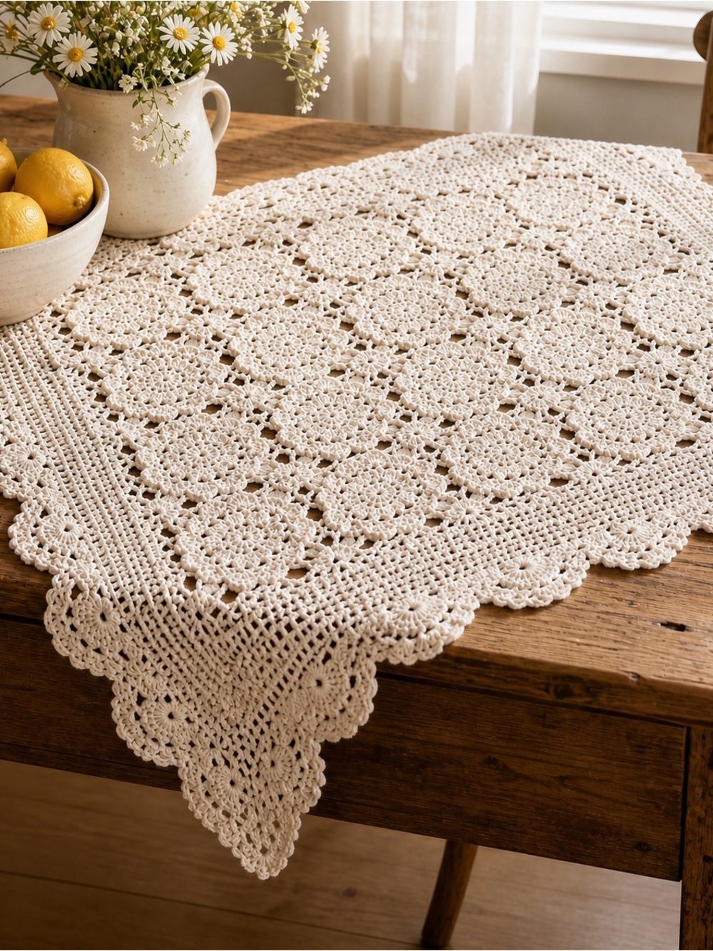 Vintage Crochet Tablecloth Cream Handmade Cotton Farmhouse Lace Granny Square